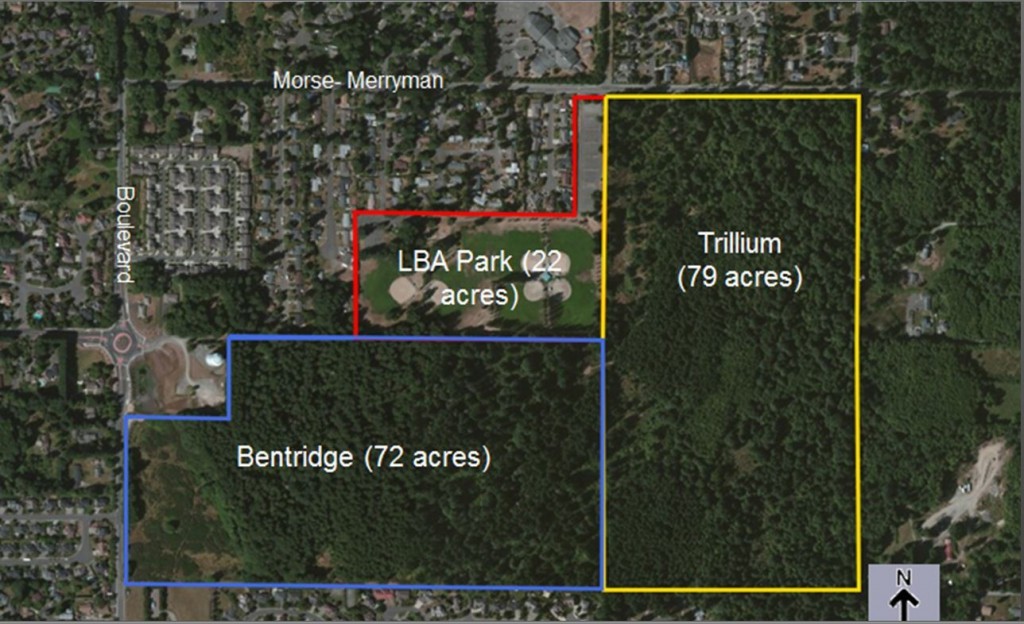 LBA Woods, with parcel boundaries for LBA Park, and the Trillium and Bentridge Developments